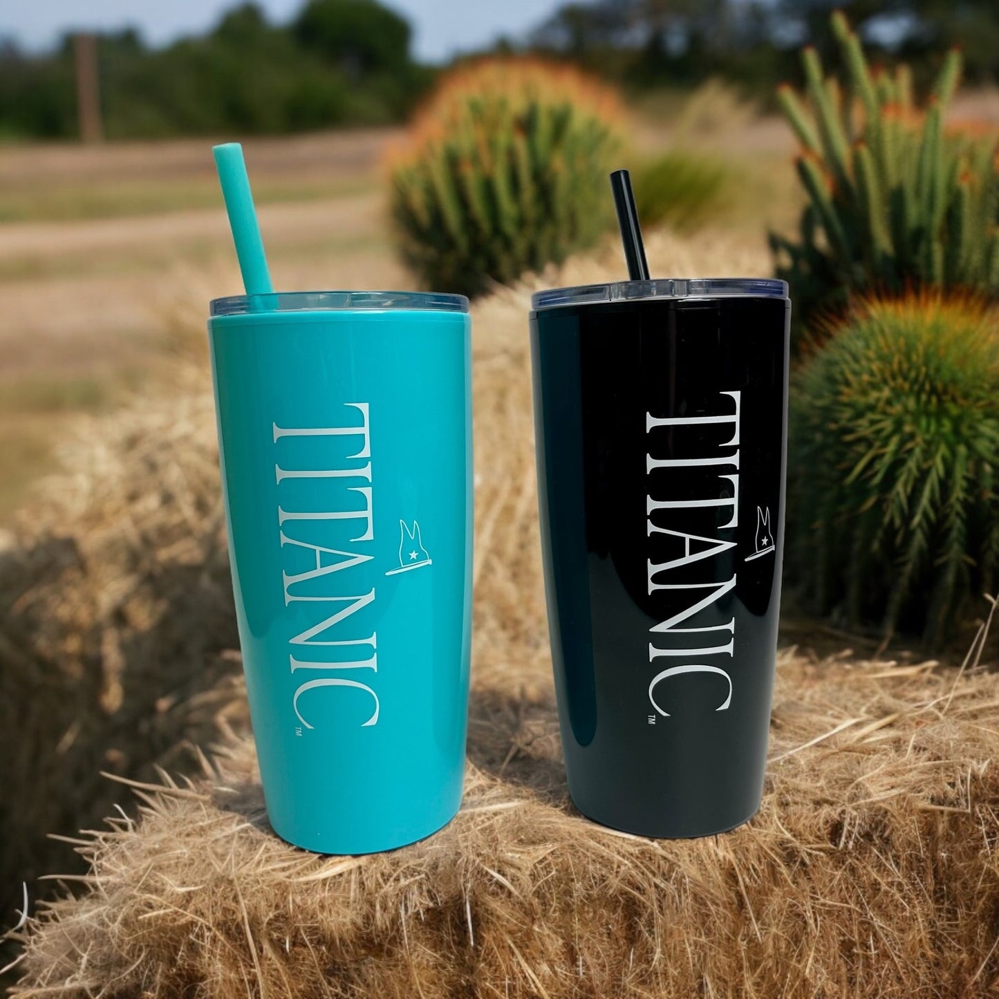 Black and White Titanic Logo Tumbler with Straw