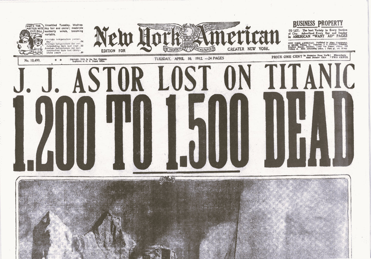 Titanic Replica Newspaper - The New York American, April 16, 1912