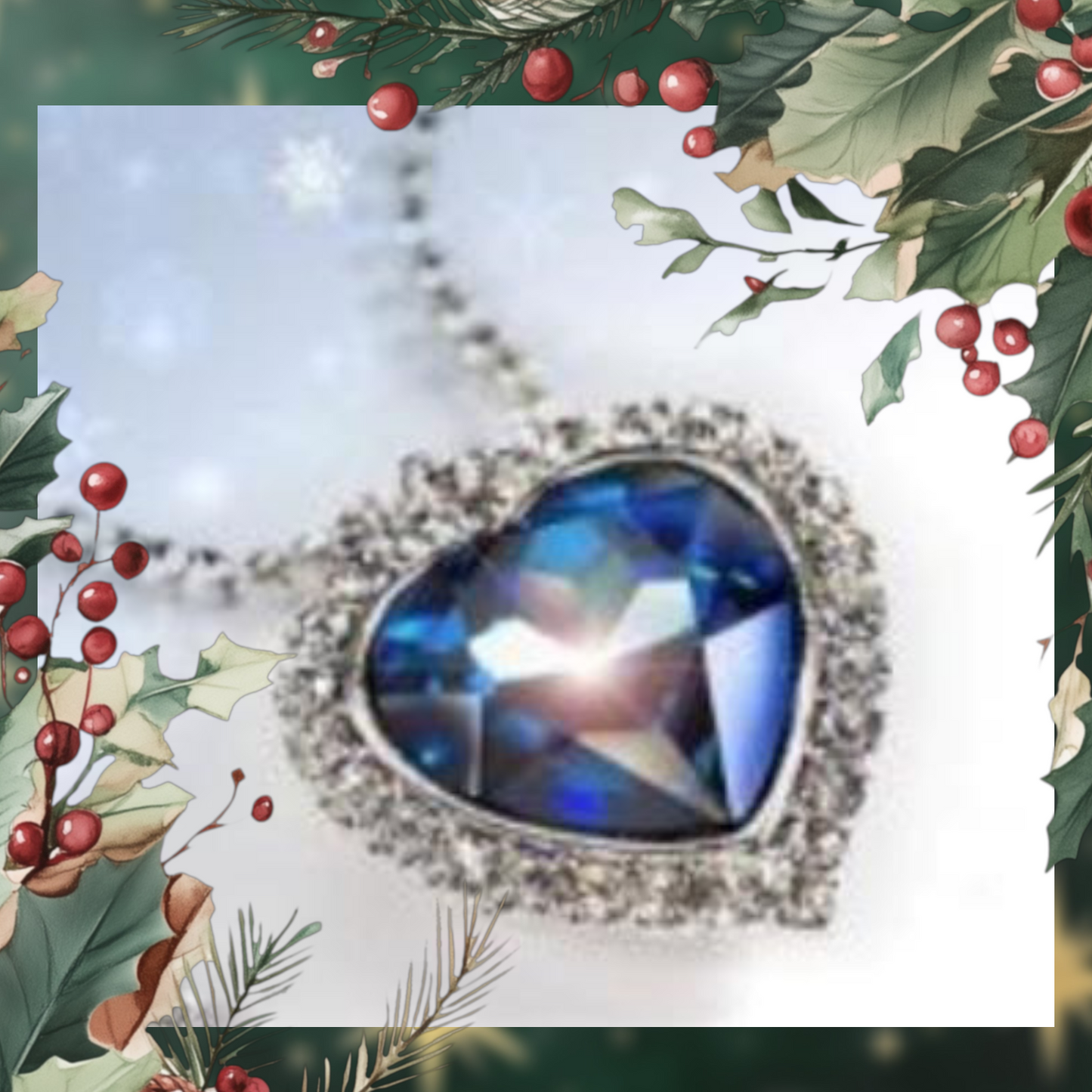 A large blue heart pendant shines under a light, festive green leaves and red berries frame the image.