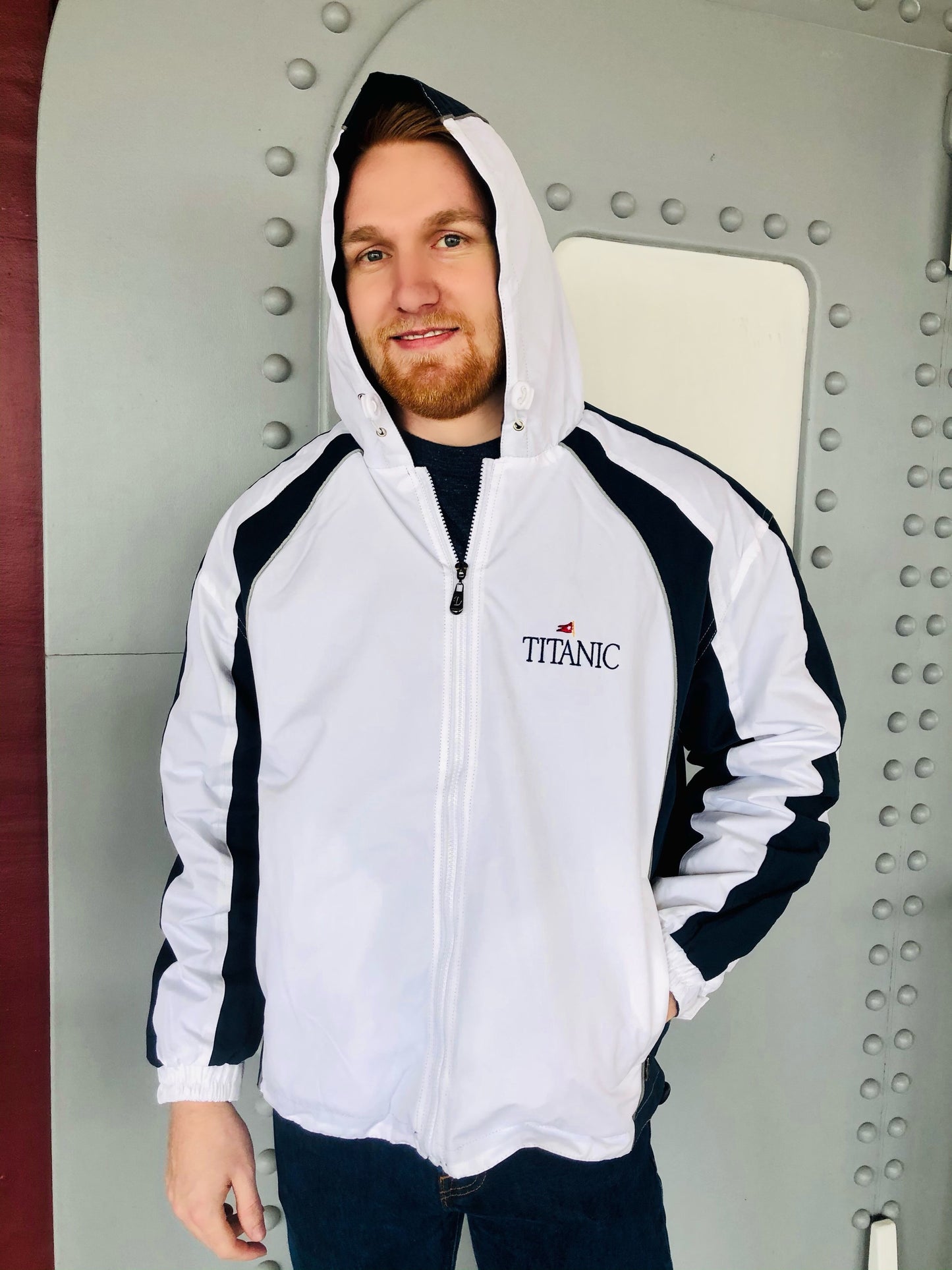 White Hooded Jacket with Vertical Navy Stripes