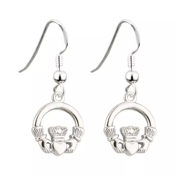 A pair of silver-tone rhodium claddagh drop earrings. A claddagh is an arch with two hands holding a heart with a crown.