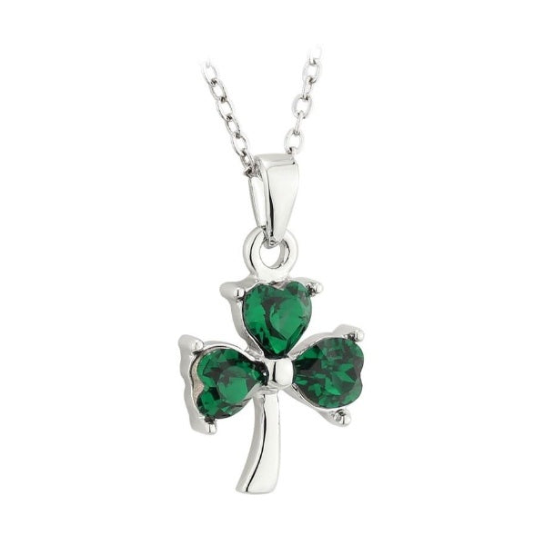 A silver-tone shamrock pendant with three green crystal heart-shaped leaves.