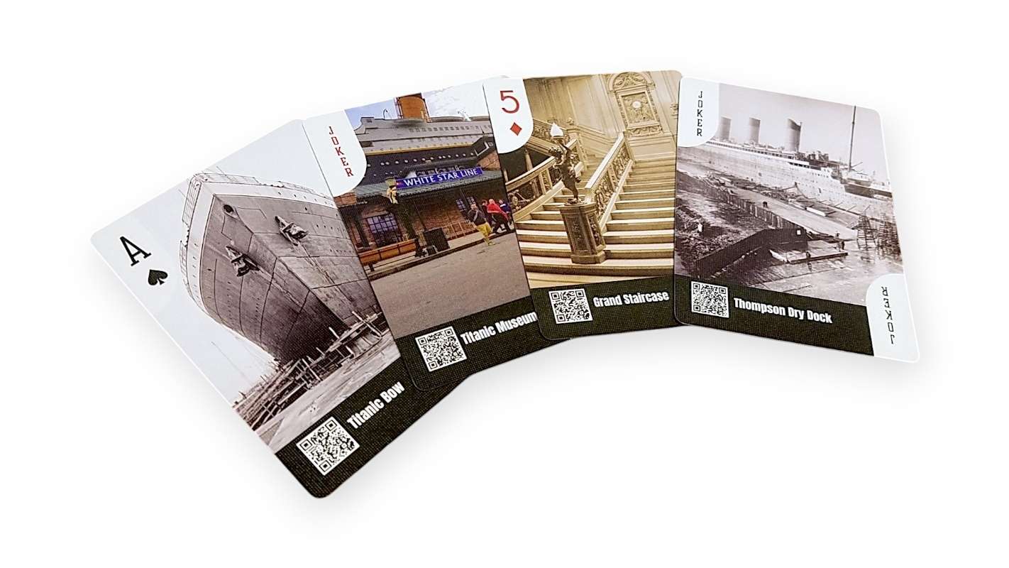 Four cards, two of which show photos of the actual Titanic in black and white, and two show color photos of the Grand Staircase and the modern-day Titanic Museum Attraction.