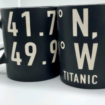 Closeup of white text contrasting the matte black mug's finish.