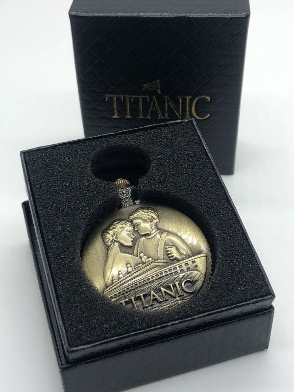 Pocket watch necklace in its black gift box with custom Titanic gold logo on lid.