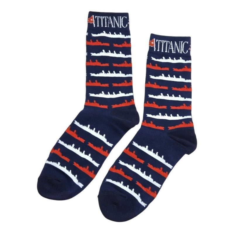 Navy blue Titanic socks with white and red ship silhouettes, and a slightly darker navy heel and toe accent.