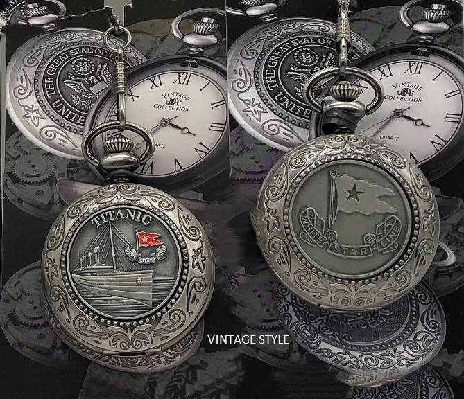 Antique silver pocket watches with pewter emblems of either Titanic or the White Star Line flag.