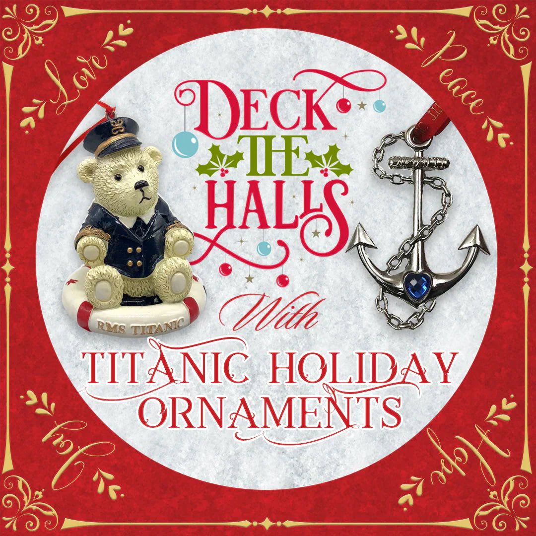 An oval shaped laser cut wood ornament with Titanic design hanging on a tree.