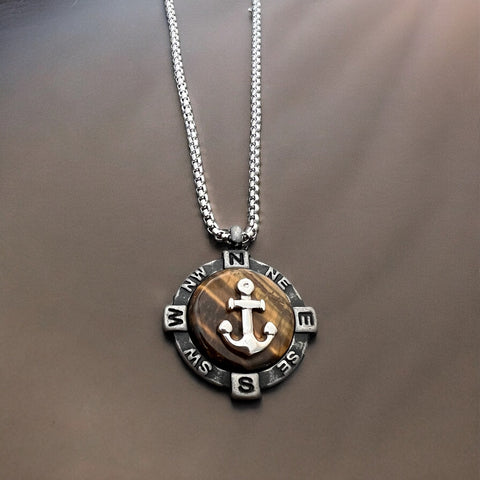 TITANIC STAINLESS STEEL TIGER'S EYE COMPASS NECKLACE