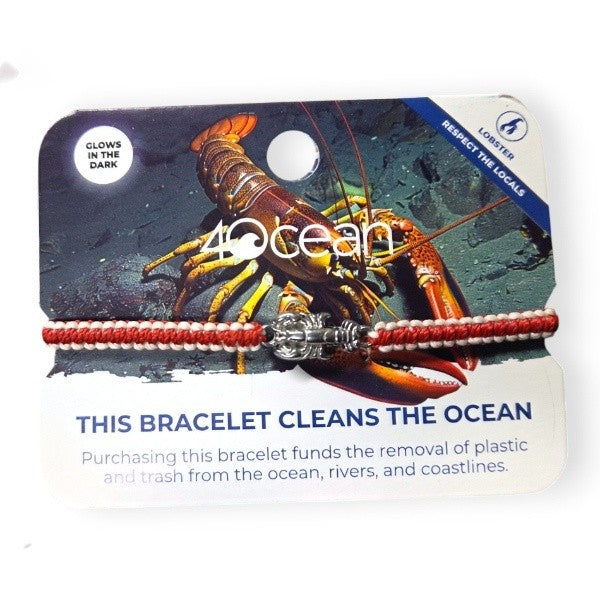 Packaging for the Lobster glow in the dark red and white macrame bracelet with lobster charm.