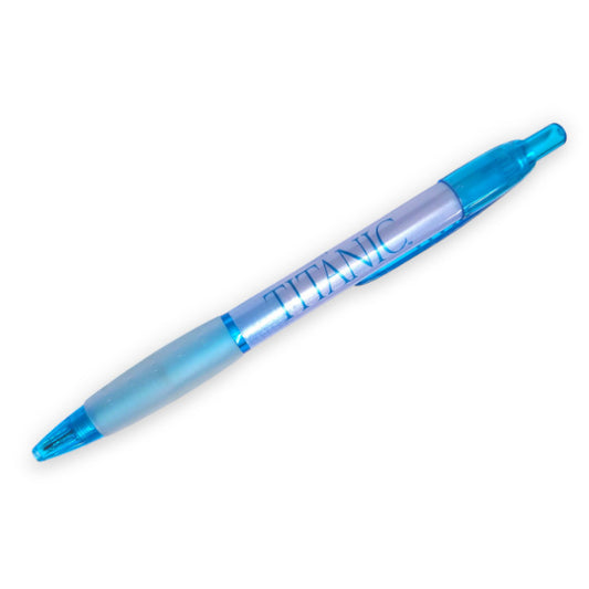 A white and blue pen printed with Titanic's name down the side. It has a rubbery comfort grip.