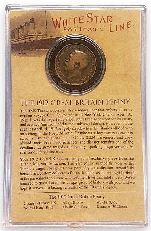 Back of display case holding antique 1912 penny including relevant statistics and informational text.