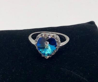 Blue Precision Cut Crystal Heart Chip Ring