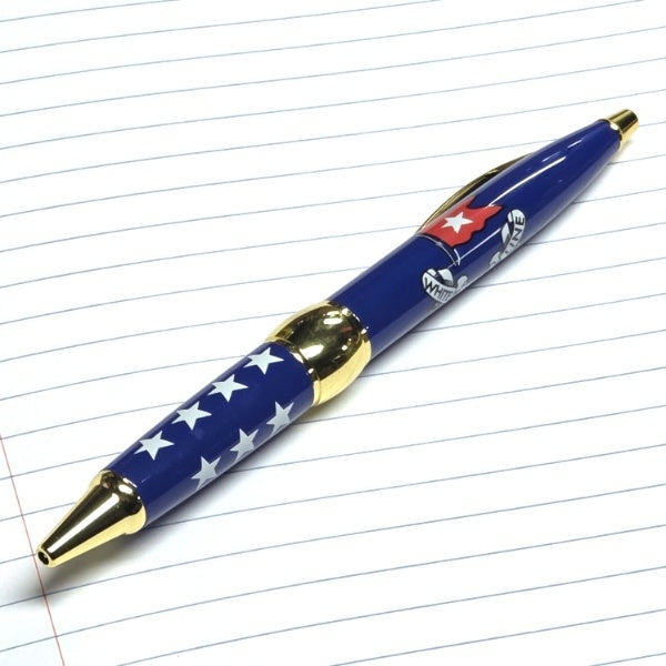 A blue pen with gold accents, the grip has white stars and the barrel has a red White Star Line flag logo.