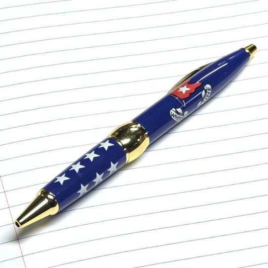 A blue pen with gold accents, the grip has white stars and the barrel has a red White Star Line flag logo.