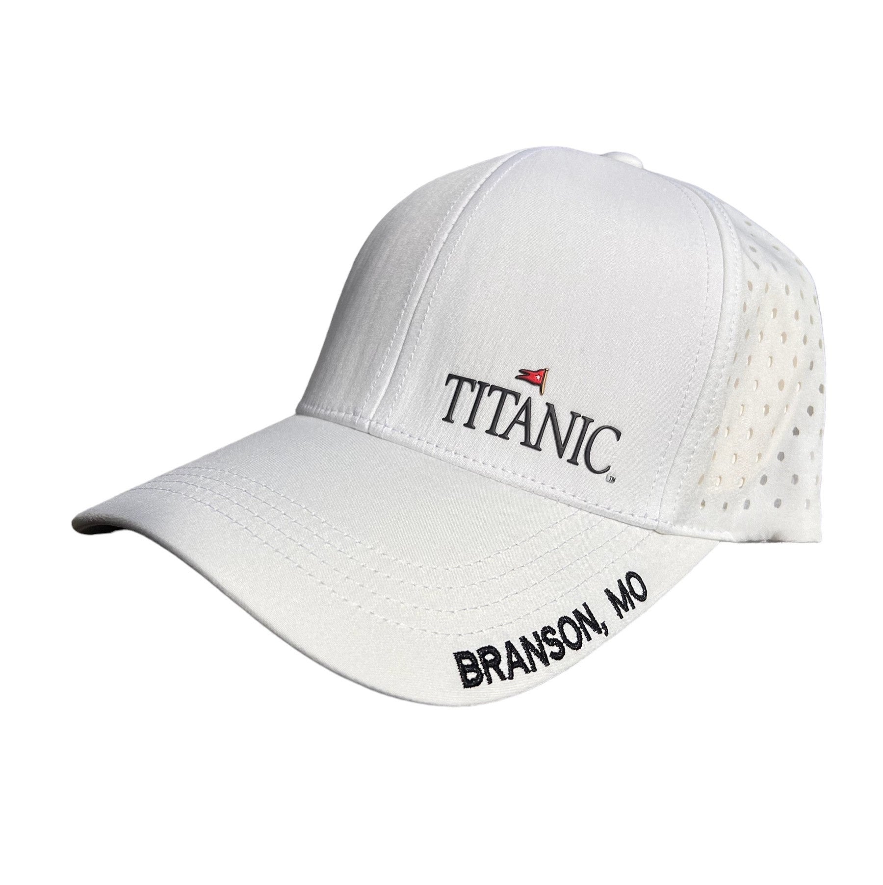A white baseball hat with a small Titanic logo embossed in dark grey and red, and "Branson, MO" embroidered on the side of the brim. The back of the hat has a soft fabric mesh.