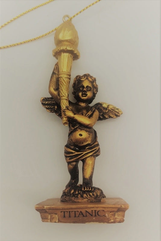 A straight-on view of the cherub statue depicted as a 3D sculpted ornament showing its faux bronze patina.