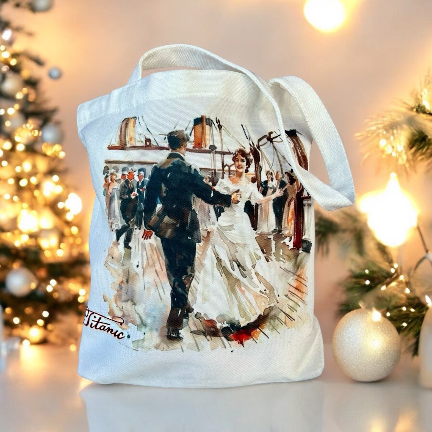 Our white canvas Dancing on Deck tote bag displayed on a bright festive backdrop.