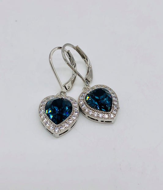 Dark Blue Crystal Heart Dangle Earrings