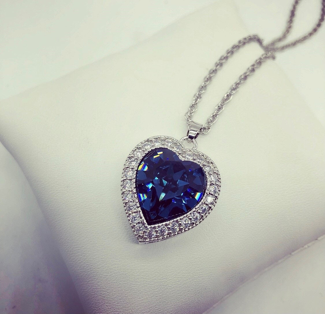 Precision Cut Dark Blue Crystal Heart Necklace