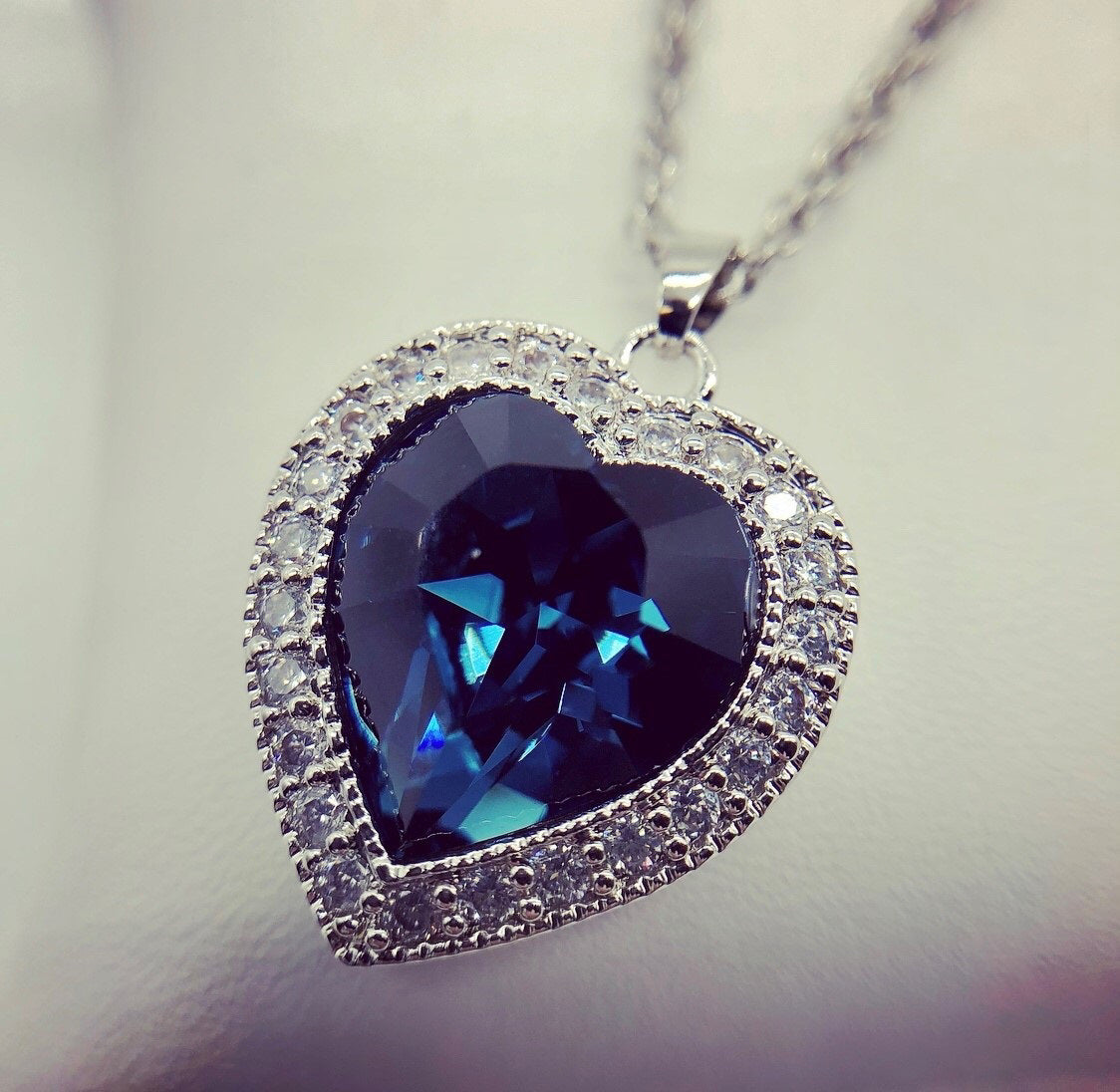 Precision Cut Dark Blue Crystal Heart Necklace