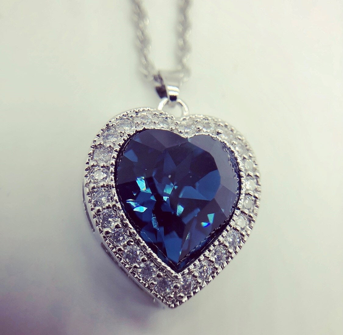 Precision Cut Dark Blue Crystal Heart Necklace