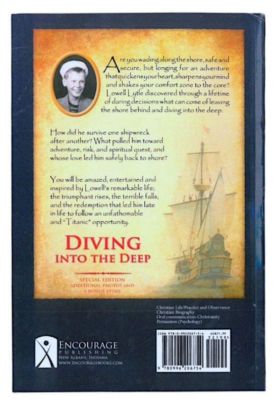 Back cover of Diving into the Deep with child photo of author in a sailor hat and a faint image of a pirate-like ship with sails.