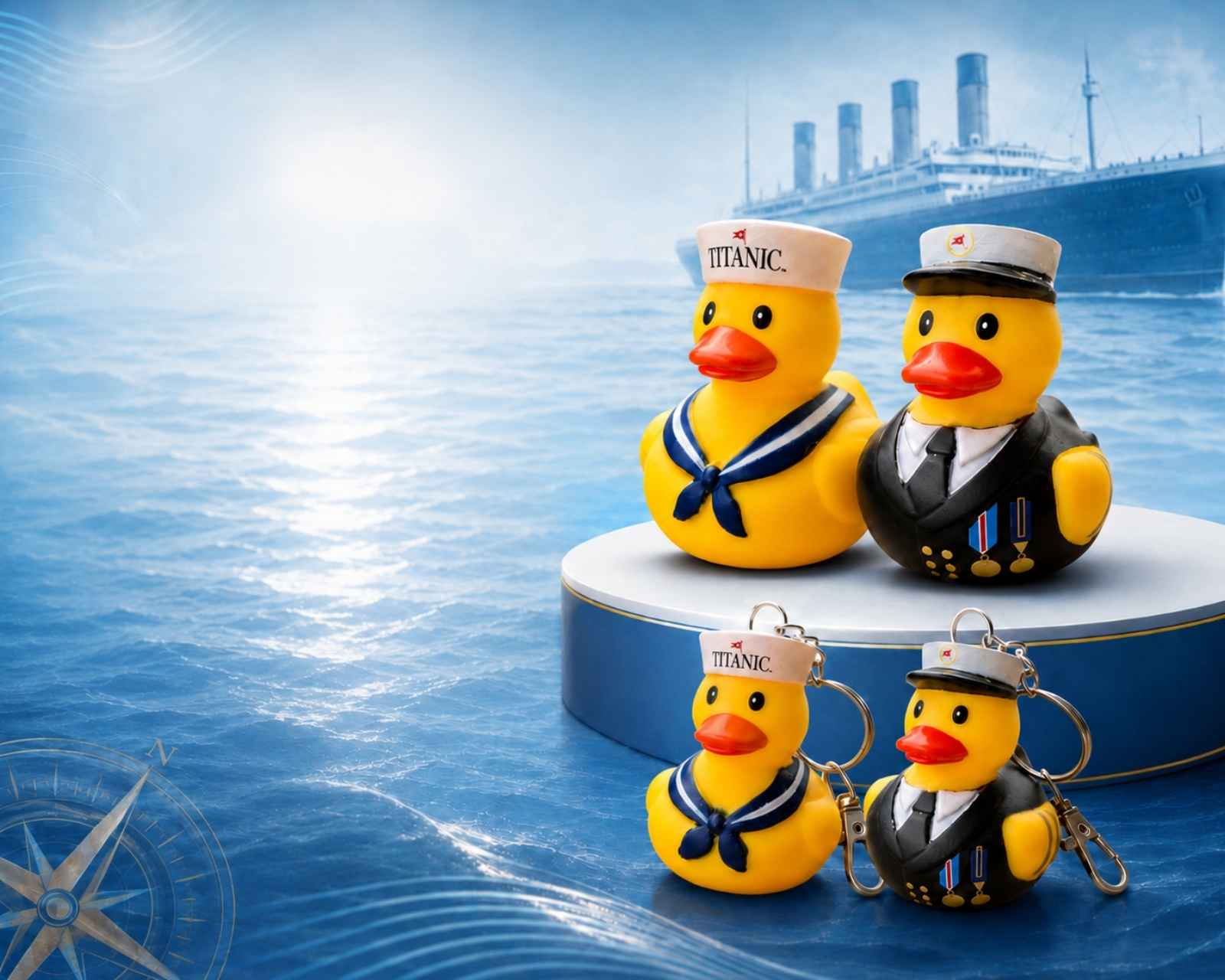Titanic Captain and Sailor Rubber Ducks and smaller keychain versions are displayed on a blue ocean with the Titanic in the far background.