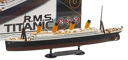 Small but detailed model of Titanic on a base.