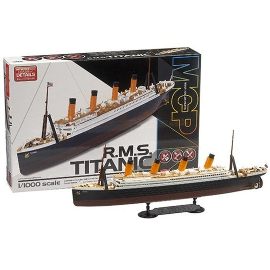 Small and detailed Titanic model with color sitting on its base.