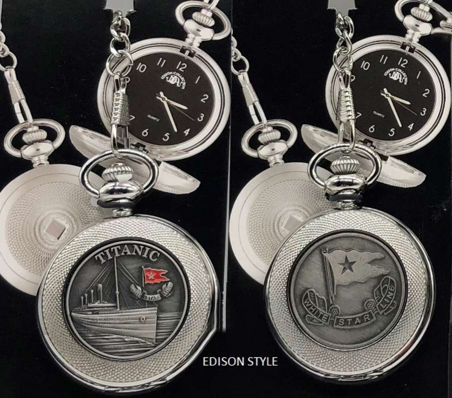 Both silver-tone pocket watches in the Edison style, one depicting the White Star Line flag and the other showing the Titanic ship.