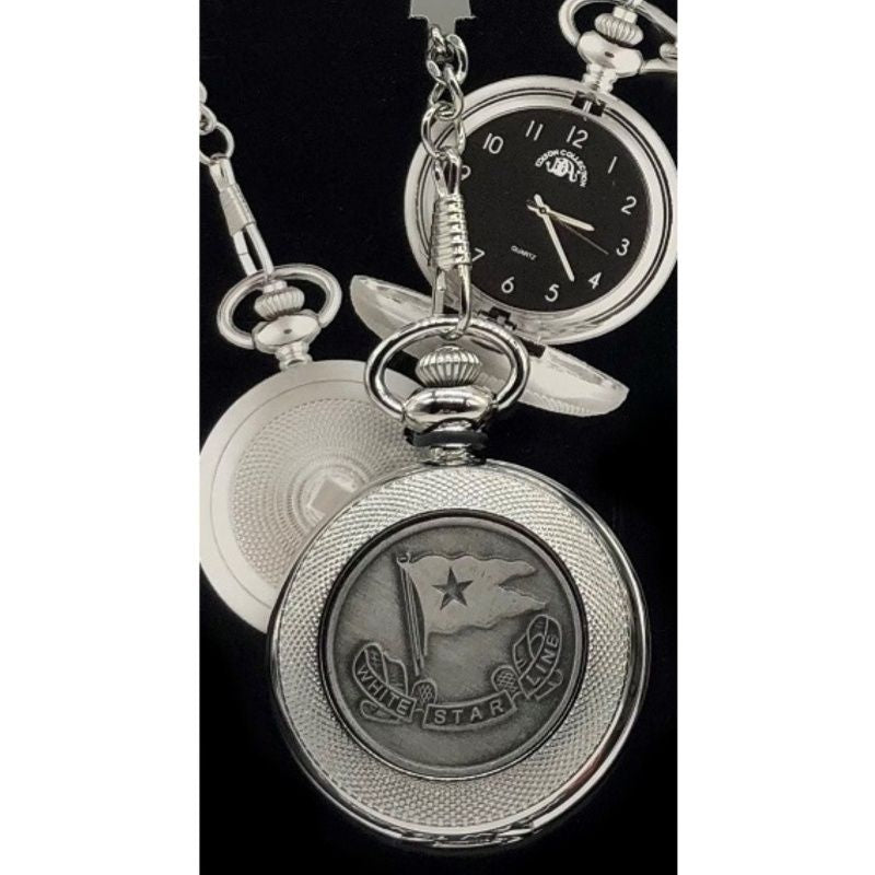 Bright silver-tone pocket watch with a textured edge and pewter White Star Line flag emblem.