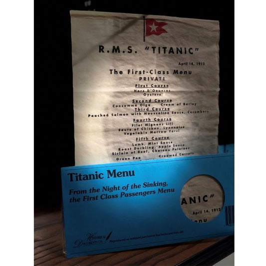 Dinner menu from April 14th, 1912 for First Class. The paper has an antiqued look and feel, and it comes in a blue envelope.