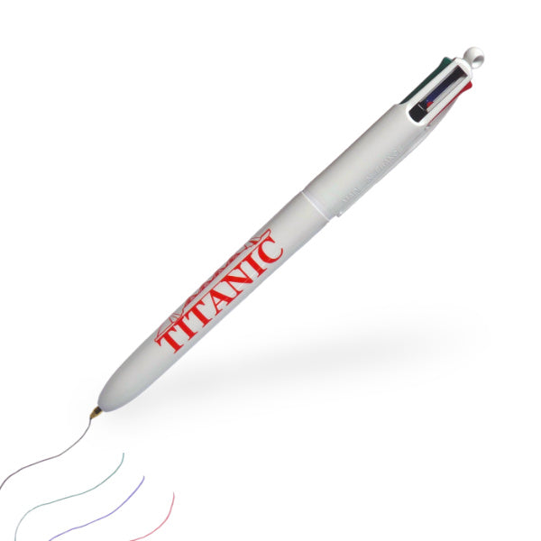 A white Titanic pen with red, blue, green, and black ink lines drawn near its tip, showing all its ink color options.