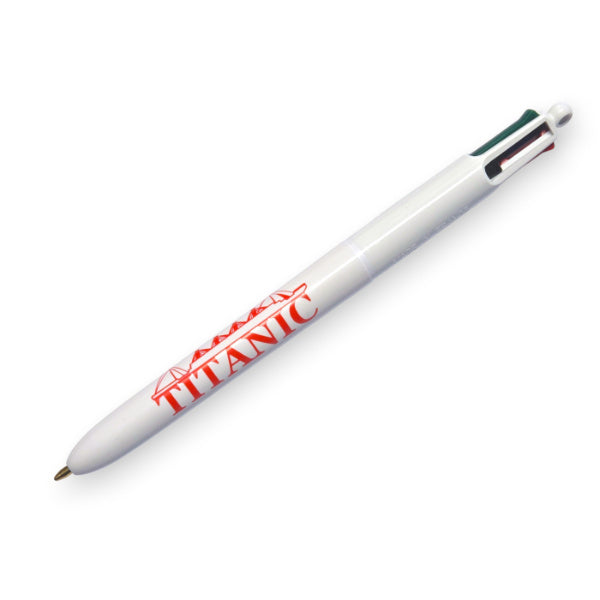 A white pen with four clickers around the end in red, green, blue, and black. A Titanic logo with smokestacks is on one side of the pen.