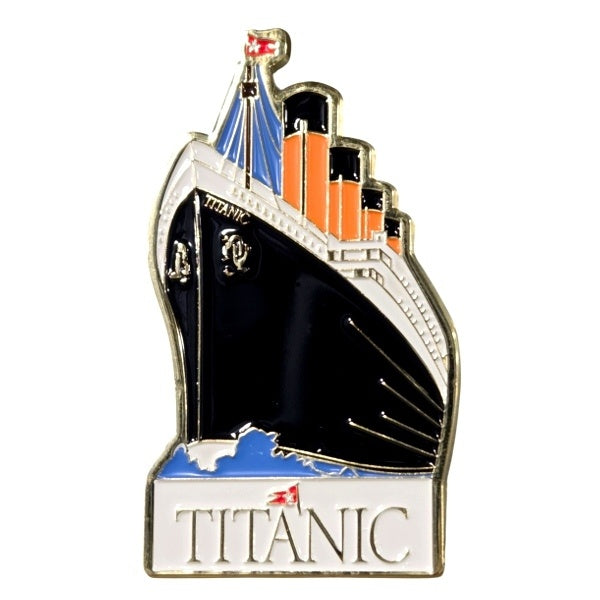 A colorful enamel-filled metal magnet showing a dynamic image of Titanic from its bow. The metal has a shiny gold-tone finish, and the outline is shaped to fit the image. Titanic's name is boldly written in gold metal on a white  enamel background on the bottom.