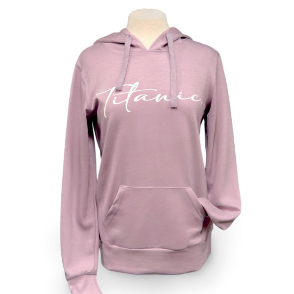 A dusty mauve lilac hoodie made of stretch modal fabric, printed with "Titanic" in white cursive across the chest.
