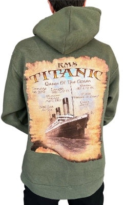 A young man in a green heathered hoodie, the orange tones of the parchment poster Titanic design on his back contrast nicely.