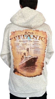 A young man in an off-white heathered hoodie featuring the same parchment poster design of the Titanic.
