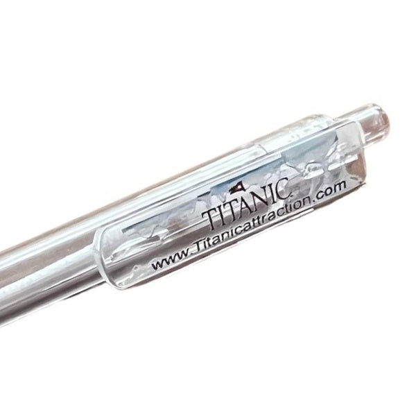 A closeup of the pen's clip, it is printed with an iceberg design, our Titanic logo, and www.Titanicattraction.com.