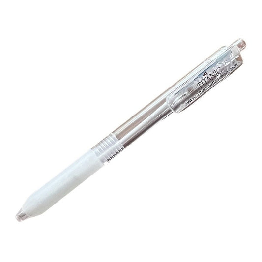 A clear plastic pen with opaque sleek white silicone grip and an icy Titanic logo printed on the clip.