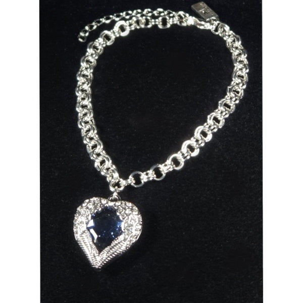 A bracelet with a heart pendant featuring an angel wing design surrounding a blue gemstone.