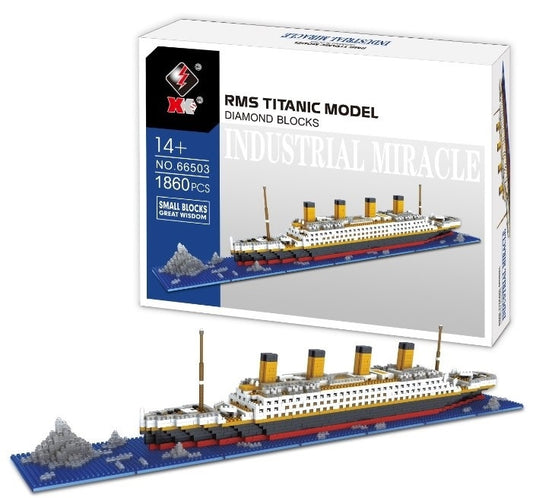 Mostly white box of RMS Titanic building blocks and completed model.