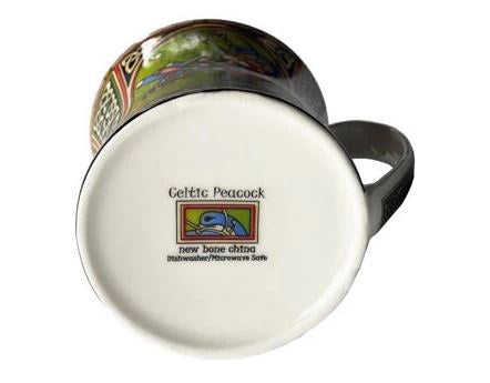 The bottom of the mug is white with a small logo and states it is made of new bone china and is dishwasher and microwave safe.