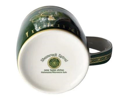 The bottom of the mug, showing that the product is New Bone China and microwave and dishwasher safe.