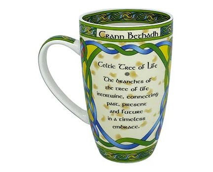 The print continues to the back of the mug with text instead of the image of a tree. The text reads: "Crann Bethadh: Celtic Tree of Life - The branches of the tree of live intertwine, connecting past, present, and future in a timeless embrace."