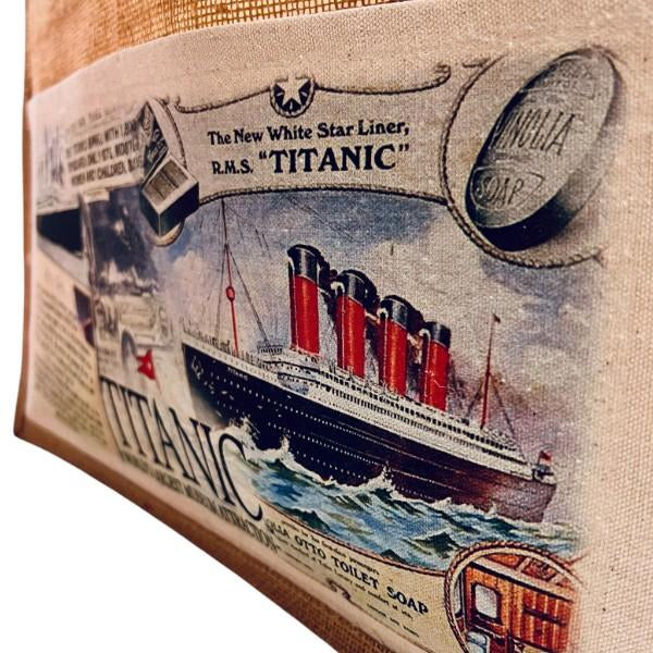 Closeup of the images on the front pocket of the jute tote, showing the Titanic, a small image of a stateroom, and vinolia soap.