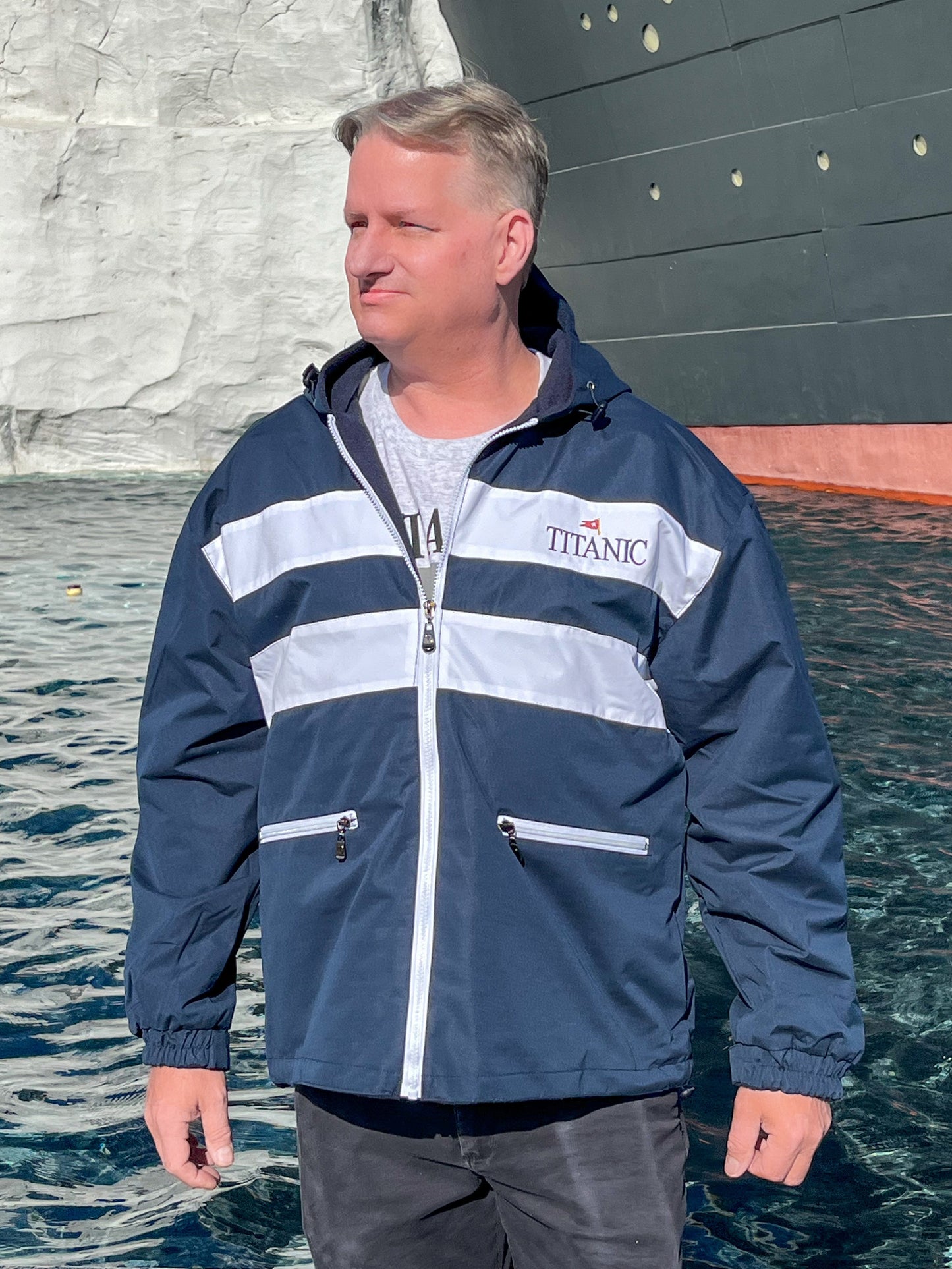 Navy Hooded Titanic Jacket with White Horizontal Stripe