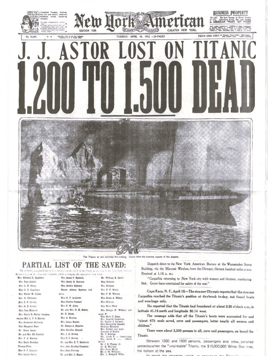 Titanic Replica Newspaper - The New York American, April 16, 1912