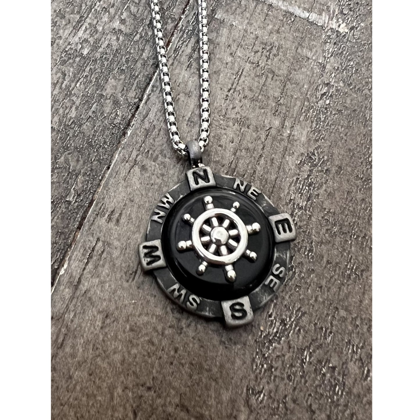 Titanic Stainless Steel Onyx Compass Necklace